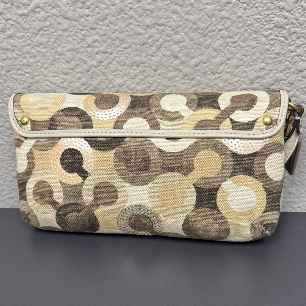 Coach Kristin Opt Art Brown Multicolor Patterned Wristlet Sequined Clutch - Picture 5 of 10